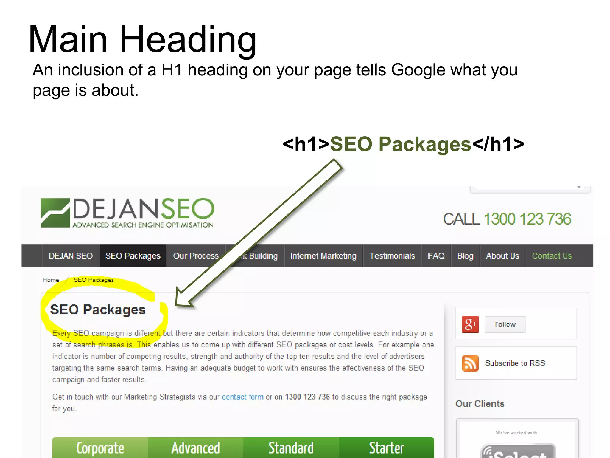 An inclusion of a H1 heading on your page tells Google what you
page is about.
<h1>SEO Packages</h1>
Main Heading
 