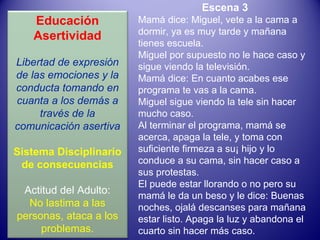 Escena 3 Mamá dice: Miguel, vete a la cama a dormir, ya es muy tarde y mañana tienes escuela. Miguel por supuesto no le hace caso y sigue viendo la televisión. Mamá dice: En cuanto acabes ese programa te vas a la cama. Miguel sigue viendo la tele sin hacer mucho caso. Al terminar el programa, mamá se acerca, apaga la tele, y toma con suficiente firmeza a su¡ hijo y lo conduce a su cama, sin hacer caso a sus protestas. El puede estar llorando o no pero su mamá le da un beso y le dice: Buenas noches, ojalá descanses para mañana estar listo. Apaga la luz y abandona el cuarto sin hacer más caso. Educación Asertividad Libertad de expresión de las emociones y la conducta tomando en cuanta a los demás a través de la comunicación asertiva Sistema Disciplinario de consecuencias Actitud del Adulto: No lastima a las personas, ataca a los problemas. 