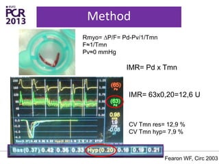 Method
IMR= 63x0,20=12,6 U
CV Tmn res= 12,9 %
CV Tmn hyp= 7,9 %
Rmyo= ∆P/F= Pd-Pv/1/Tmn
F≈1/Tmn
Pv≈0 mmHg
IMR= Pd x Tmn
Fearon WF, Circ 2003
 