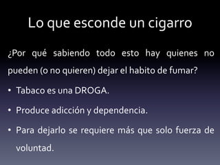 Lo	
  que	
  esconde	
  un	
  cigarro	
  
¿Por	
   qué	
   sabiendo	
   todo	
   esto	
   hay	
   quienes	
   no	
  
pueden	
  (o	
  no	
  quieren)	
  dejar	
  el	
  habito	
  de	
  fumar?	
  

•  Tabaco	
  es	
  una	
  DROGA.	
  

•  Produce	
  adicción	
  y	
  dependencia.	
  

•  Para	
   dejarlo	
   se	
   requiere	
   más	
   que	
   solo	
   fuerza	
   de	
  
   voluntad.	
  
 