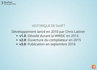 Développement lancé en 2010 par Chris Lattner
HISTORIQUE DE SWIFT
v1.0: Dévoilé durant la WWDC en 2014
v2.0: Ouverture du compilateur en 2015
v3.0: Publication en septembre 2016
 