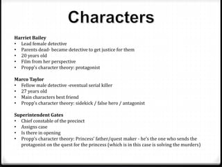 Harriet Bailey
• Lead female detective
• Parents dead- became detective to get justice for them
• 20 years old
• Film from her perspective
• Propp’s character theory: protagonist
Marco Taylor
• Fellow male detective -eventual serial killer
• 27 years old
• Main characters best friend
• Propp’s character theory: sidekick / false hero / antagonist
Superintendent Gates
• Chief constable of the precinct
• Assigns case
• Is there in opening
• Propp’s character theory: Princess’ father/quest maker - he’s the one who sends the
protagonist on the quest for the princess (which is in this case is solving the murders)
 