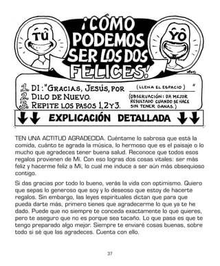 37
TEN UNA ACTITUD AGRADECIDA. Cuéntame lo sabrosa que está la
comida, cuánto te agrada la música, lo hermoso que es el paisaje o lo
mucho que agradeces tener buena salud. Reconoce que todos esos
regalos provienen de Mí. Con eso logras dos cosas vitales: ser más
feliz y hacerme feliz a Mí, lo cual me induce a ser aún más obsequioso
contigo.
Si das gracias por todo lo bueno, verás la vida con optimismo. Quiero
que sepas lo generoso que soy y lo deseoso que estoy de hacerte
regalos. Sin embargo, las leyes espirituales dictan que para que
pueda darte más, primero tienes que agradecerme lo que ya te he
dado. Puede que no siempre te conceda exactamente lo que quieres,
pero te aseguro que no es porque sea tacaño. Lo que pasa es que te
tengo preparado algo mejor. Siempre te enviaré cosas buenas, sobre
todo si sé que las agradeces. Cuenta con ello.
 
