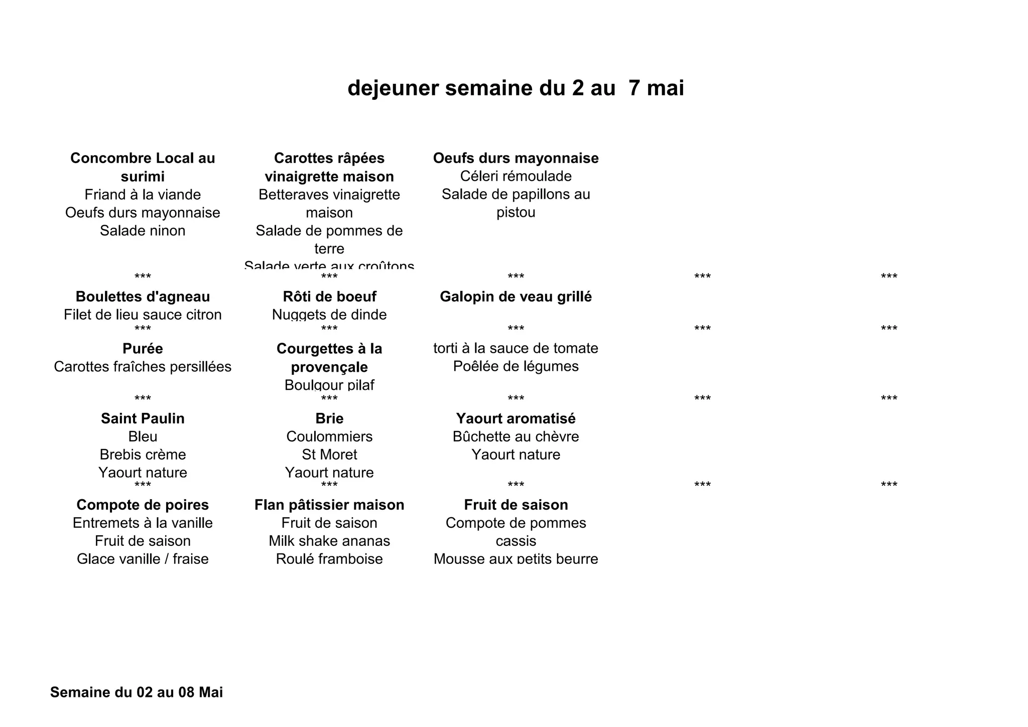 Concombre Local au
surimi
Friand à la viande
Oeufs durs mayonnaise
Salade ninon
Carottes râpées
vinaigrette maison
Betteraves vinaigrette
maison
Salade de pommes de
terre
Salade verte aux croûtons
Oeufs durs mayonnaise
Céleri rémoulade
Salade de papillons au
pistou
*** *** *** *** ***
Boulettes d'agneau
Filet de lieu sauce citron
Rôti de boeuf
Nuggets de dinde
Galopin de veau grillé
*** *** *** *** ***
Purée
Carottes fraîches persillées
Courgettes à la
provençale
Boulgour pilaf
torti à la sauce de tomate
Poêlée de légumes
*** *** *** *** ***
Saint Paulin
Bleu
Brebis crème
Yaourt nature
Brie
Coulommiers
St Moret
Yaourt nature
Yaourt aromatisé
Bûchette au chèvre
Yaourt nature
*** *** *** *** ***
Compote de poires
Entremets à la vanille
Fruit de saison
Glace vanille / fraise
Flan pâtissier maison
Fruit de saison
Milk shake ananas
Roulé framboise
Fruit de saison
Compote de pommes
cassis
Mousse aux petits beurre
dejeuner semaine du 2 au 7 mai
Semaine du 02 au 08 Mai
