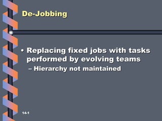 De-Jobbing



• Replacing fixed jobs with tasks
  performed by evolving teams
   – Hierarchy not maintained




14-1
 