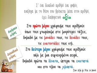 Στην τάξη με θέα το βουνό
Σ’ ένα δεκαδικό αριθμό ένα ψηφίο,
ανάλογα με τη θέση που βρίσκεται μέσα στον αριθμό,
έχει διαφορετική αξία.
Στο πρώτο μέρος γράφουμε τους αριθμούς
όπως τους γνωρίσαμε στις μικρότερες τάξεις,
δηλαδή με τις μονάδες τους, τις δεκάδες τους,
τις εκατοντάδες τους κτλ.
Στο δεύτερο μέρος γράφουμε τους αριθμούς
πάλι με μια συγκεκριμένη σειρά,
δηλαδή πρώτα τα δέκατα, ύστερα τα εκατοστά
και στο τέλος τα χιλιοστά.
 