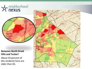 Between North Druid
Hills and Tucker!
About 24 percent of
the residents here are
older than 65.
 