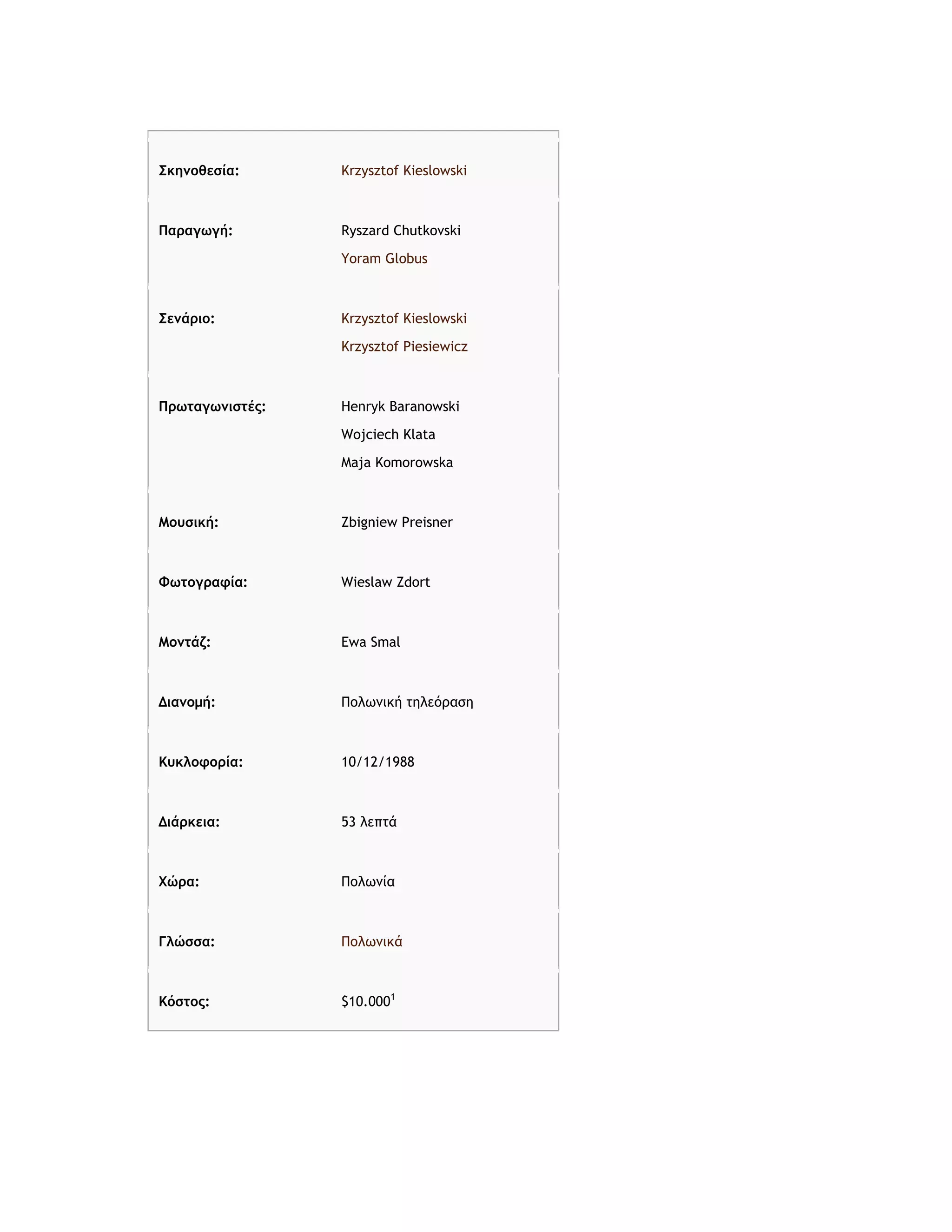 Σκημοθεσία: Krzysztof Kieslowski
Παραγωγή: Ryszard Chutkovski
Yoram Globus
Σεμάριο: Krzysztof Kieslowski
Krzysztof Piesiewicz
Πρωταγωμιστές: Henryk Baranowski
Wojciech Klata
Maja Komorowska
Μουσική: Zbigniew Preisner
Φωτογραφία: Wieslaw Zdort
Μομτάζ: Ewa Smal
Διαμομή: Πολωμική τηλεόραση
Κυκλοφορία: 10/12/1988
Διάρκεια: 53 λεπτά
Χώρα: Πολωμία
Γλώσσα: Πολωμικά
Κόστος: $10.0001
 