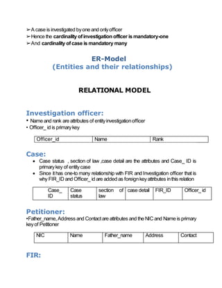 ➢A case is investigated byone and onlyofficer
➢Hence the cardinality ofinvestigation officer is mandatory-one
➢And cardinality ofcase is mandatory many
ER-Model
(Entities and their relationships)
RELATIONAL MODEL
Investigation officer:
• Name and rank are attributes of entityinvestigationofficer
• Officer_ id is primarykey
Officer_id Name Rank
Case:
 Case status , section of law ,case detail are the attributes and Case_ ID is
primarykey of entitycase
 Since ithas one-to many relationship with FIR and Investigation officer that is
why FIR_ID and Officer_ id are added as foreignkeyattributes inthis relation
Petitioner:
•Father_name,Address and Contactare attributes and the NIC and Name is primary
keyof Petitioner
FIR:
Case_
ID
Case
status
section of
law
case detail FIR_ID Officer_ id
NIC Name Father_name Address Contact
 