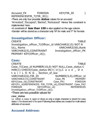Accused_FK FOREIGN KEY(FIR_ID )
REFERENCESFIR_T(FIR_ID));
•There are only four possible status values for an accused
'Arrested','Escaped','Bailed','Released' Hence this constraint is
implemented here.
•A constraint of less than 150 is also applied on the age column
•Gender will be stored as a character only ‘M’ for male and ‘F’ for female
Investigation Officer:
CREATE TABLE
Investigation_officer_T(Officer_id VARCHAR2(15) NOT N
ULL, Name VARCHAR2(50),Rank
VARCHAR2(5),CONSTRAINT Investigation_officer_PK
PRIMARY KEY(Officer_id));
Case:
CREATE TABLE
Case_T(Case_id NUMBER(10,0) NOT NULL,Case_status C
HAR(1) CHECK(Case_status IN('c','o')),C a s e _ D e
t a i l L O N G , Section_of_law
VARCHAR2(6),FIR_ID NUMBER(5,0),Officer_id
VARCHAR2(15),CONSTRAINT Case_PK PRIMARY
KEY(Case_id),CONSTRAINT Case_FK1 FOREIGN
KEY(Fir_id)REFERENCES FIR_T(FIR_id),CONSTRAINT Case_FK2
FOREIGN KEY(Officer_id) REFERENCES
Investigation_officer_T(Officer_id));
•There are two possible values for
case_status
i.e. either a case is open or close so only a single character is stored for case
status ‘c’forclosedand‘o’foropenFollowingthree tablesare created formulti-valued
attributes of accused.
Accused Address:
 