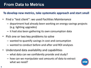 To develop new metrics, take systematic approach and start small
• Find a “test client”: we used Facilities Maintenance
– department had already been working on energy-savings projects
(e.g. lighting upgrades)
– it had also been gathering its own consumption data
• Pick one or two key problems to solve
– wanted to quantify savings in cost and consumption
– wanted to conduct before-and-after and ROI analyses
• Understand data availability and capabilities
– what data can we confidently provide and study?
– how can we manipulate vast amounts of data to extract
what we need?
From Data to Metrics
8
 