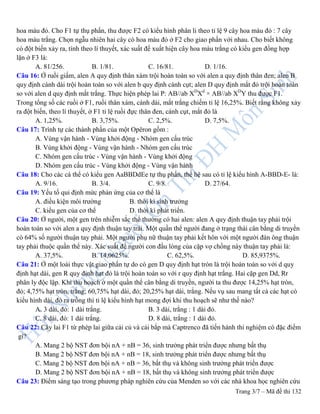Trang 3/7 – Mã đề thi 132
hoa màu đỏ. Cho F1 tự thụ phấn, thu được F2 có kiểu hình phân li theo tỉ lệ 9 cây hoa màu đỏ : 7 cây
hoa màu trắng. Chọn ngẫu nhiên hai cây có hoa màu đỏ ở F2 cho giao phấn với nhau. Cho biết không
có đột biến xảy ra, tính theo lí thuyết, xác suất để xuất hiện cây hoa màu trắng có kiểu gen đồng hợp
lặn ở F3 là:
A. 81/256. B. 1/81. C. 16/81. D. 1/16.
Câu 16: Ở ruồi giấm, alen A quy định thân xám trội hoàn toàn so với alen a quy định thân đen; alen B
quy định cánh dài trội hoàn toàn so với alen b quy định cánh cụt; alen D quy định mắt đỏ trội hoàn toàn
so với alen d quy định mắt trắng. Thực hiện phép lai P: AB//ab XD
Xd
× AB//ab XD
Y thu được F1.
Trong tổng số các ruồi ở F1, ruồi thân xám, cánh dài, mắt trắng chiếm tỉ lệ 16,25%. Biết rằng không xảy
ra đột biến, theo lí thuyết, ở F1 tỉ lệ ruồi đực thân đen, cánh cụt, mắt đỏ là
A. 1,25%. B. 3,75%. C. 2,5%. D. 7,5%.
Câu 17: Trình tự các thành phần của một Opêron gồm :
A. Vùng vận hành - Vùng khởi động - Nhóm gen cấu trúc
B. Vùng khởi động - Vùng vận hành - Nhóm gen cấu trúc
C. Nhóm gen cấu trúc - Vùng vận hành - Vùng khởi động
D. Nhóm gen cấu trúc - Vùng khởi động - Vùng vận hành
Câu 18: Cho các cá thể có kiểu gen AaBBDdEe tự thụ phấn, thế hệ sau có tỉ lệ kiểu hình A-BBD-E- là:
A. 9/16. B. 3/4. C. 9/8. D. 27/64.
Câu 19: Yếu tố qui định mức phản ứng của cơ thể là
A. điều kiện môi trường B. thời kì sinh trưởng
C. kiểu gen của cơ thể D. thời kì phát triển.
Câu 20: Ở người, một gen trên nhiễm sắc thể thường có hai alen: alen A quy định thuận tay phải trội
hoàn toàn so với alen a quy định thuận tay trái. Một quần thể người đang ở trạng thái cân bằng di truyền
có 64% số người thuận tay phải. Một người phụ nữ thuận tay phải kết hôn với một người đàn ông thuận
tay phải thuộc quần thể này. Xác suất để người con đầu lòng của cặp vợ chồng này thuận tay phải là:
A. 37,5%. B. 14,0625%. C. 62,5%. D. 85,9375%.
Câu 21: Ở một loài thực vật giao phấn tự do có gen D quy định hạt tròn là trội hoàn toàn so với d quy
định hạt dài, gen R quy định hạt đỏ là trội hoàn toàn so với r quy định hạt trắng. Hai cặp gen Dd, Rr
phân ly độc lập. Khi thu hoạch ở một quần thể cân bằng di truyền, người ta thu được 14,25% hạt tròn,
đỏ; 4,75% hạt tròn, trắng; 60,75% hạt dài, đỏ; 20,25% hạt dài, trắng. Nếu vụ sau mang tất cả các hạt có
kiểu hình dài, đỏ ra trồng thì tỉ lệ kiểu hình hạt mong đợi khi thu hoạch sẽ như thế nào?
A. 3 dài, đỏ: 1 dài trắng. B. 3 dài, trắng : 1 dài đỏ.
C. 8 dài, đỏ: 1 dài trắng. D. 8 dài, trắng : 1 dài đỏ.
Câu 22: Cây lai F1 từ phép lai giữa cải củ và cải bắp mà Captrenco đã tiến hành thí nghiệm có đặc điểm
gì?
A. Mang 2 bộ NST đơn bội nA + nB = 36, sinh trưởng phát triển được nhưng bất thụ
B. Mang 2 bộ NST đơn bội nA + nB = 18, sinh trưởng phát triển được nhưng bất thụ
C. Mang 2 bộ NST đơn bội nA + nB = 36, bất thụ và không sinh trưởng phát triển được
D. Mang 2 bộ NST đơn bội nA + nB = 18, bất thụ và không sinh trưởng phát triển được
Câu 23: Điểm sáng tạo trong phương pháp nghiên cứu của Menden so với các nhà khoa học nghiên cứu
 