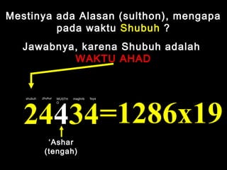 Mestinya ada Alasan (sulthon), mengapa
pada waktu Shubuh ?
Jawabnya, karena Shubuh adalah
WAKTU AHAD
24434=1286x19
‘Ashar
(tengah)
shubuh zhuhur maghrib ‘IsyaWUSTH
O
 