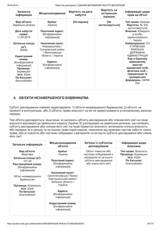 30.04.2019 Перегляд декларації | ЄДИНИЙ ДЕРЖАВНИЙ РЕЄСТР ДЕКЛАРАЦІЙ
https://public.nazk.gov.ua/declaration/00bc09d5-8a36-444b-bc73-54bad42d2401 53/131
Загальна
інформація
Місцезнаходження
Вартість на дату
набуття
Вартість за
останньою
оцінкою
Інформація щодо
прав на об'єкт
Вид об'єкта:
Земельна ділянка
Дата набуття
права:
11.05.2018
Загальна площа
(м2
):
50058
Кадастровий
номер:
[Конфіденційна
інформація]
Прізвище:
Кормишкін
Ім'я: Юрій
По батькові:
Анатолійович
Країна:
Україна
Поштовий індекс:
[Конфіденційна
інформація]
Населений пункт:
Нововасилівка /
Снігурівський район
/ Миколаївська
область / Україна
Адреса:
[Конфіденційна
інформація]
[Не відомо] [Не
застосовується]
Тип права: Оренда
Відсоток, %: [Не
застосовується]
Власник: Юридичн
а особа,
зареєстрована в
Україні
Найменування: СН
ІГУРІВСЬКА
РАЙОННА
ДЕРЖАВНА
АДМІНІСТРАЦІЯ
Код в Єдиному
державному
реєстрі
юридичних осіб,
фізичних осіб –
підприємців та
громадських
формувань: 04056
552
4. ОБ'ЄКТИ НЕЗАВЕРШЕНОГО БУДІВНИЦТВА
Суб’єкт декларування повинен задекларувати: 1) об’єкти незавершеного будівництва; 2) об’єкти, не
прийняті в експлуатацію; або 3) об'єкти, право власності на які не зареєстроване в установленому законом
порядку.
Такі об'єкти декларуються, якщо вони: а) належать суб’єкту декларування або членам його сім’ї на праві
власності відповідно до Цивільного кодексу України; б) розташовані на земельних ділянках, що належать
суб’єкту декларування або членам його сім’ї на праві приватної власності, включаючи спільну власність,
або передані їм в оренду чи на іншому праві користування, незалежно від правових підстав набуття такого
права; або в) повністю або частково побудовані з матеріалів чи за кошти суб’єкта декларування або членів
його сім’ї.
Загальна інформація
Місцезнаходження
об'єкта
Зв'язок із суб'єктом
декларування
Інформація щодо
власника
Вид об'єкта:
Квартира
Загальна площа (м2
):
101,28
Реєстраційний номер:
[Конфіденційна
інформація]
Об'єкт незавершеного
будівництва
Прізвище: Кормишкін
Ім'я: Юрій
По батькові:
Анатолійович
Країна:
Україна
Поштовий індекс:
[Конфіденційна
інформація]
Населений пункт:
Святопетрівське / Києво-
Святошинський район /
Київська область /
Україна
Адреса:
[Конфіденційна
інформація]
Кадастровий номер:
[Конфіденційна
інформація]
Об'єкт повністю або
частково побудований з
матеріалів чи за кошти
суб'єкта декларування
або члена його сім'ї
Тип права: Власність
Прізвище: Кормишкін
Ім'я: Юрій
По батькові:
Анатолійович
 