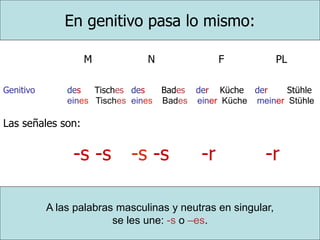 En genitivo pasa lo mismo:
M N F PL
Genitivo des Tisches des Bades der Küche der Stühle
eines Tisches eines Bades einer Küche meiner Stühle
Las señales son:
-s -s -s -s -r -r
A las palabras masculinas y neutras en singular,
se les une: -s o –es.
 