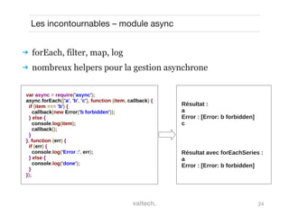 24
Les incontournables – module async
 forEach, filter, map, log
 nombreux helpers pour la gestion asynchrone
var async = require('async');
async.forEach(['a', 'b', 'c'], function (item, callback) {
if (item === 'b') {
callback(new Error('b forbidden'));
} else {
console.log(item);
callback();
}
}, function (err) {
if (err) {
console.log('Error :', err);
} else {
console.log('done');
}
});
Résultat :
a
Error : [Error: b forbidden]
c
Résultat avec forEachSeries :
a
Error : [Error: b forbidden]
 