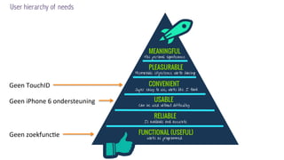 User hierarchy of needs
Geen	
 zoekfunc1e	
 
Geen	
 iPhone	
 6	
 ondersteuning	
 
Geen	
 TouchID	
 
 