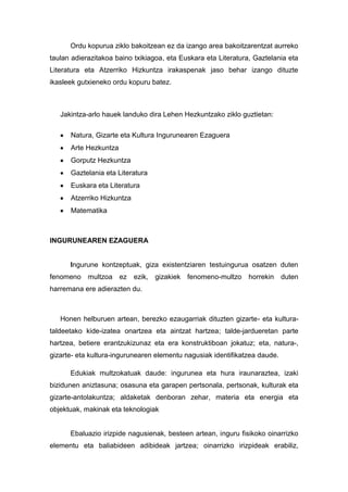Ordu kopurua ziklo bakoitzean ez da izango area bakoitzarentzat aurreko
taulan adierazitakoa baino txikiagoa, eta Euskara eta Literatura, Gaztelania eta
Literatura eta Atzerriko Hizkuntza irakaspenak jaso behar izango dituzte
ikasleek gutxieneko ordu kopuru batez.



   Jakintza-arlo hauek landuko dira Lehen Hezkuntzako ziklo guztietan:

      Natura, Gizarte eta Kultura Ingurunearen Ezaguera
      Arte Hezkuntza
      Gorputz Hezkuntza
      Gaztelania eta Literatura
      Euskara eta Literatura
      Atzerriko Hizkuntza
      Matematika



INGURUNEAREN EZAGUERA


      Ingurune kontzeptuak, giza existentziaren testuingurua osatzen duten
fenomeno multzoa ez ezik, gizakiek fenomeno-multzo horrekin duten
harremana ere adierazten du.



   Honen helburuen artean, berezko ezaugarriak dituzten gizarte- eta kultura-
taldeetako kide-izatea onartzea eta aintzat hartzea; talde-jardueretan parte
hartzea, betiere erantzukizunaz eta era konstruktiboan jokatuz; eta, natura-,
gizarte- eta kultura-ingurunearen elementu nagusiak identifikatzea daude.

      Edukiak multzokatuak daude: ingurunea eta hura iraunaraztea, izaki
bizidunen aniztasuna; osasuna eta garapen pertsonala, pertsonak, kulturak eta
gizarte-antolakuntza; aldaketak denboran zehar, materia eta energia eta
objektuak, makinak eta teknologiak


      Ebaluazio irizpide nagusienak, besteen artean, inguru fisikoko oinarrizko
elementu eta baliabideen adibideak jartzea; oinarrizko irizpideak erabiliz,
 