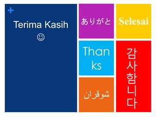 +
SelesaiTerima Kasih

‫شوقران‬
감
사
함
니
다
Than
ks
ありがと
 