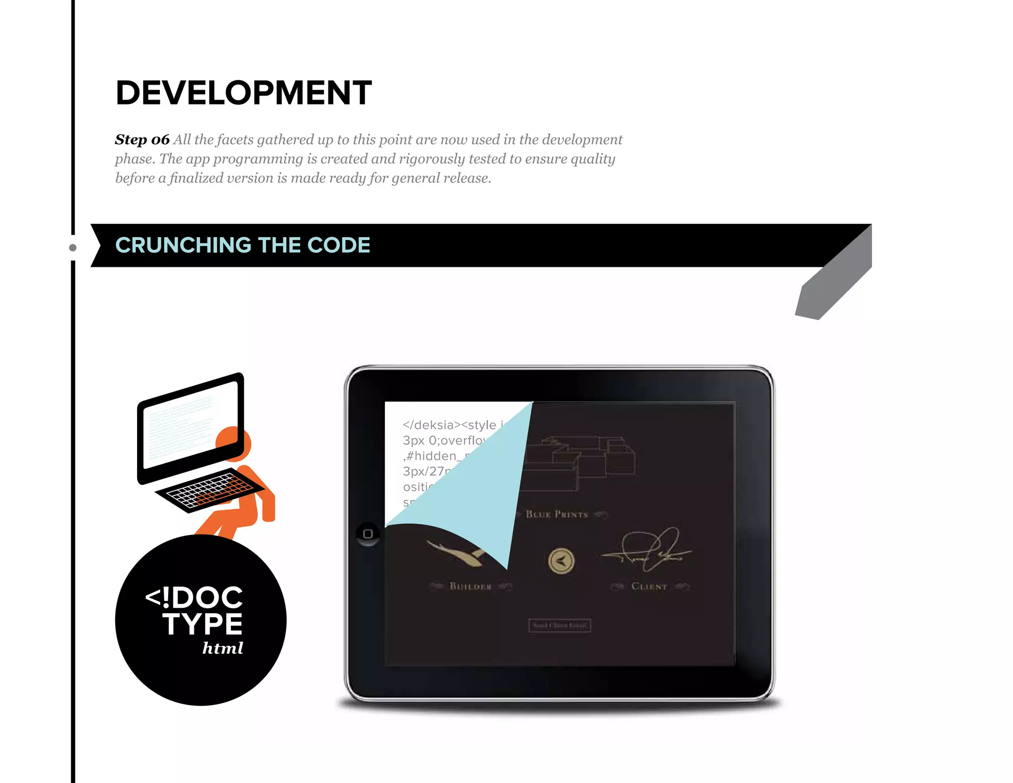 DEVELOPMENT
CRUNCHING THE CODE
Step 06 All the facets gathered up to this point are now used in the development
phase. The app programming is created and rigorously tested to ensure quality
before a finalized version is made ready for general release.
</deksia><style id=gstyle>body{color:#000;margin:
3px 0;overflow-y:scroll}body,#leftnav,#tbd,#atd,#tsf
,#hidden_modes,#hmp{background:#fff}#gb{font:1
3px/27px Arial,sans-serif;height:30px}#gbz,#gbg{p
osition:absolute;white-
space:nowrap;top:0;height:30px;z-
index:1000}#gbz{left:0;padding-
left:5px}#gbg{right:0;padding-right:5px}#gbs{backg
round:#fff;left:0;position:absolute;visibility:hidden
;z-index:998}#gbx1,#gbx2,#gbx3,#gbx4{backgrou
nd-color:#fff;position:absolute;width:100%;z-index:
990}#gbx1,#gbx2{top:0;border-top:2px solid
#bad3ea;height:0;font-size:0}#gbx3,#gbx4{top:2px;
height:27px;border-bottom:1px solid
#f5f5f5;background-image:url(//ssl.gstatic.com/gb/
 