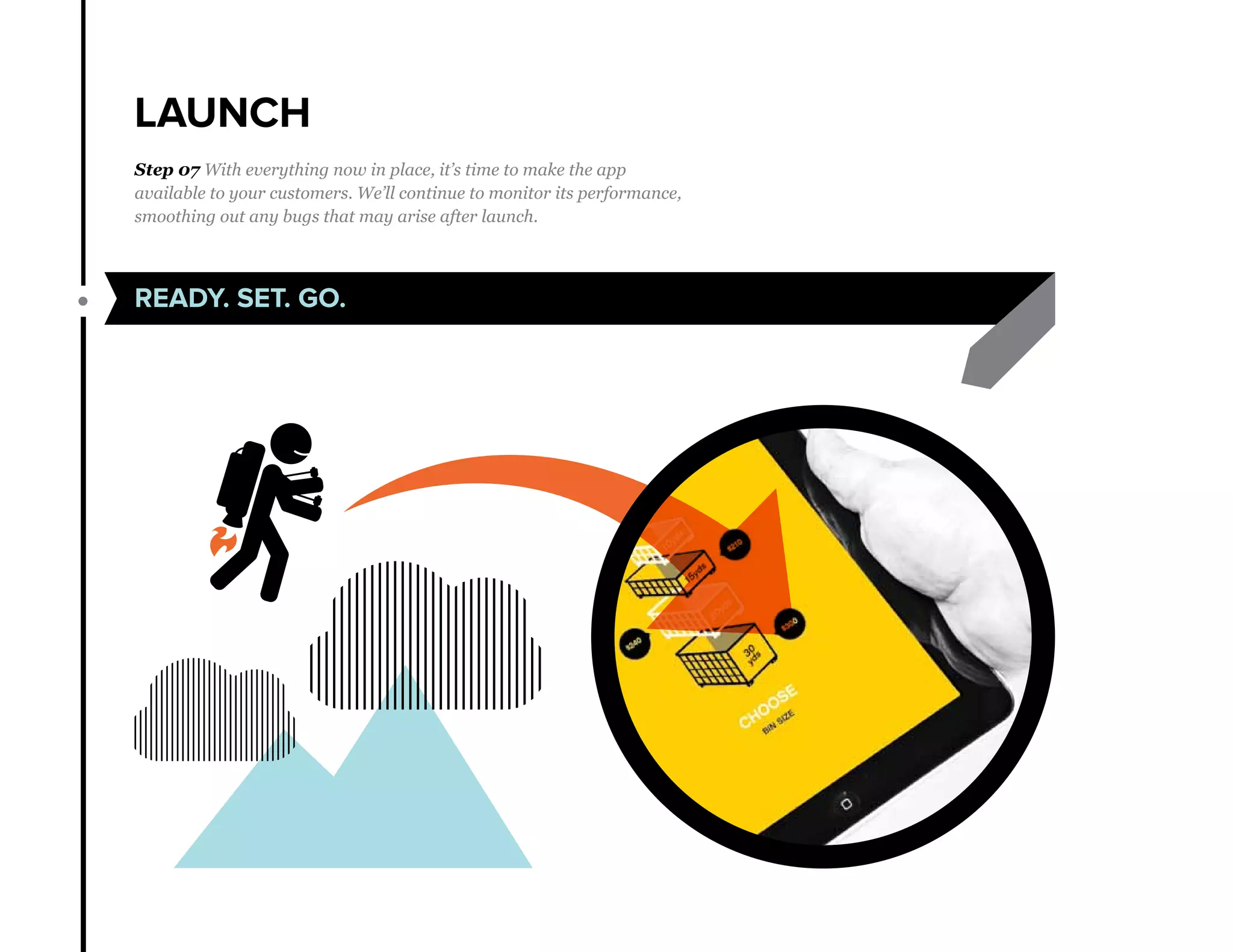 LAUNCH
READY. SET. GO.
Step 07 With everything now in place, it’s time to make the app
available to your customers. We’ll continue to monitor its performance,
smoothing out any bugs that may arise after launch.
 