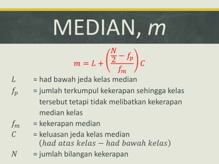 MEDIAN, m
𝑚 = 𝐿 +
𝑁
2
− 𝑓𝑝
𝑓𝑚
𝐶
𝐿 = had bawah jeda kelas median
𝑓𝑝 = jumlah terkumpul kekerapan sehingga kelas
tersebut tetapi tidak melibatkan kekerapan
median kelas
𝑓𝑚 = kekerapan median
𝐶 = keluasan jeda kelas median
ℎ𝑎𝑑 𝑎𝑡𝑎𝑠 𝑘𝑒𝑙𝑎𝑠 − ℎ𝑎𝑑 𝑏𝑎𝑤𝑎ℎ 𝑘𝑒𝑙𝑎𝑠
𝑁 = jumlah bilangan kekerapan
 