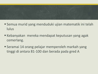  Semua murid yang menduduki ujian matematik ini telah
lulus
 Kebanyakan mereka mendapat keputusan yang agak
cemerlang.
 Seramai 14 orang pelajar memperoleh markah yang
tinggi di antara 81-100 dan berada pada gred A
 