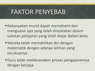 FAKTOR PENYEBAB
Kebanyakan murid dapat memahami dan
menguasai apa yang telah dinyatakan dalam
sukatan pelajaran yang telah diajar dalam kelas
Mereka telah memahirkan diri dengan
matematik dengan adanya latihan yang
secukupnya
Guru telah melaksanakan proses pengajarannya
dengan berjaya
 