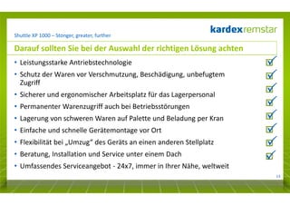 Shuttle XP 1000 – Stonger, greater, further

Darauf sollten Sie bei der Auswahl der richtigen Lösung achten
• Leistungsstarke Antriebstechnologie
• Schutz der Waren vor Verschmutzung, Beschädigung, unbefugtem
Zugriff
• Sicherer und ergonomischer Arbeitsplatz für das Lagerpersonal
• Permanenter Warenzugriff auch bei Betriebsstörungen
• Lagerung von schweren Waren auf Palette und Beladung per Kran
• Einfache und schnelle Gerätemontage vor Ort
• Flexibilität bei „Umzug“ des Geräts an einen anderen Stellplatz
• Beratung, Installation und Service unter einem Dach
• Umfassendes Serviceangebot - 24x7, immer in Ihrer Nähe, weltweit
13

 