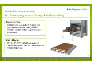 Shuttle XP 1000 – Stonger, greater, further

Ihre Anwendung, unsere Lösung - Palettenhandling
Ihre Anwendung:
• Sie lagern ihr Lagergut auf Paletten mit
niedriger bis mittlerer Lagerguthöhe.
Paletten werden mittels Stapler / Ameise
eingelagert.

Unsere Lösung:
• Shuttle XP 1000 mit Tablarauszug und
Sonder-Tablar bis 1.270mm Tiefe speziell für
Palettenlagerung.

6

 