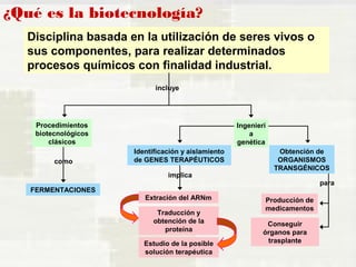 ¿Qué es la biotecnología? 
Disciplina basada en la utilización de seres vivos o 
sus componentes, para realizar determinados 
procesos químicos con finalidad industrial. 
incluye 
Procedimientos 
biotecnológicos 
clásicos 
como 
FERMENTACIONES 
Identificación y aislamiento 
de GENES TERAPÉUTICOS 
implica 
Extración del ARNm 
Traducción y 
obtención de la 
proteína 
Estudio de la posible 
solución terapéutica 
Obtención de 
ORGANISMOS 
TRANSGÉNICOS 
Ingenierí 
Producción de 
medicamentos 
para 
Conseguir 
órganos para 
trasplante 
a 
genética 
 