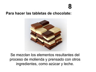 Para hacer las tabletas de chocolate: 8 Se mezclan los elementos resultantes del proceso de molienda y prensado con otros ingredientes, como azúcar y leche . 