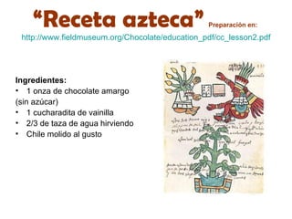 “ Receta azteca”   Preparación en:   http://www.fieldmuseum.org/Chocolate/education_pdf/cc_lesson2.pdf Ingredientes: 1 onza de chocolate amargo (sin azúcar) 1 cucharadita de vainilla 2/3 de taza de agua hirviendo Chile molido al gusto   