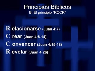 <ul><li>R elacionarse  (Juan 4:7) </li></ul><ul><li>C rear  (Juan 4:8-14) </li></ul><ul><li>C onvencer  (Juan 4:15-18) </l...