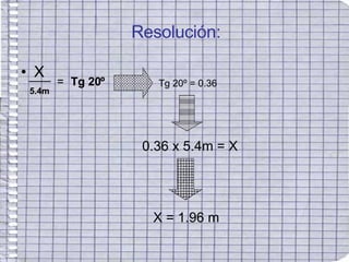 Resolución: X 5.4m = Tg 20º Tg 20º = 0.36 0.36 x 5.4m = X X = 1.96 m  