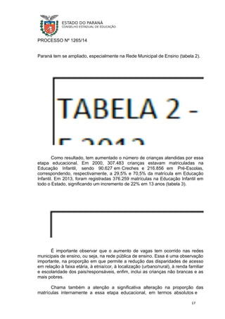 PROCESSO Nº 1265/14
Paraná tem se ampliado, especialmente na Rede Municipal de Ensino (tabela 2).
Como resultado, tem aumentado o número de crianças atendidas por essa
etapa educacional. Em 2000, 307.483 crianças estavam matriculadas na
Educação Infantil, sendo 90.627 em Creches e 216.856 em Pré-Escolas,
correspondendo, respectivamente, a 29,5% e 70,5% da matrícula em Educação
Infantil. Em 2013, foram registradas 376.259 matrículas na Educação Infantil em
todo o Estado, significando um incremento de 22% em 13 anos (tabela 3).
É importante observar que o aumento de vagas tem ocorrido nas redes
municipais de ensino, ou seja, na rede pública de ensino. Essa é uma observação
importante, na proporção em que permite a redução das disparidades de acesso
em relação à faixa etária, à etnia/cor, à localização (urbano/rural), à renda familiar
e escolaridade dos pais/responsáveis, enfim, inclui as crianças não brancas e as
mais pobres.
Chama também a atenção a significativa alteração na proporção das
matrículas internamente a essa etapa educacional, em termos absolutos e
17
 