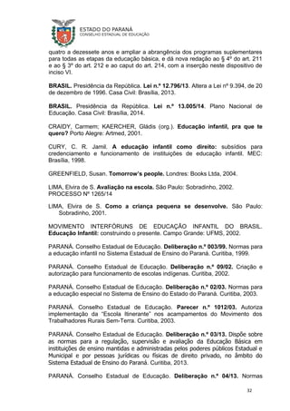 quatro a dezessete anos e ampliar a abrangência dos programas suplementares
para todas as etapas da educação básica, e dá nova redação ao § 4º do art. 211
e ao § 3º do art. 212 e ao caput do art. 214, com a inserção neste dispositivo de
inciso VI.
BRASIL. Presidência da República. Lei n.º 12.796/13. Altera a Lei nº 9.394, de 20
de dezembro de 1996. Casa Civil: Brasília, 2013.
BRASIL. Presidência da República. Lei n.º 13.005/14. Plano Nacional de
Educação. Casa Civil: Brasília, 2014.
CRAIDY, Carmem; KAERCHER, Gládis (org.). Educação infantil, pra que te
quero? Porto Alegre: Artmed, 2001.
CURY, C. R. Jamil. A educação infantil como direito: subsídios para
credenciamento e funcionamento de instituições de educação infantil. MEC:
Brasília, 1998.
GREENFIELD, Susan. Tomorrow’s people. Londres: Books Ltda, 2004.
LIMA, Elvira de S. Avaliação na escola. São Paulo: Sobradinho, 2002.
PROCESSO Nº 1265/14
LIMA, Elvira de S. Como a criança pequena se desenvolve. São Paulo:
Sobradinho, 2001.
MOVIMENTO INTERFÓRUNS DE EDUCAÇÃO INFANTIL DO BRASIL.
Educação Infantil: construindo o presente. Campo Grande: UFMS, 2002.
PARANÁ. Conselho Estadual de Educação. Deliberação n.º 003/99. Normas para
a educação infantil no Sistema Estadual de Ensino do Paraná. Curitiba, 1999.
PARANÁ. Conselho Estadual de Educação. Deliberação n.º 09/02. Criação e
autorização para funcionamento de escolas indígenas. Curitiba, 2002.
PARANÁ. Conselho Estadual de Educação. Deliberação n.º 02/03. Normas para
a educação especial no Sistema de Ensino do Estado do Paraná. Curitiba, 2003.
PARANÁ. Conselho Estadual de Educação. Parecer n.º 1012/03. Autoriza
implementação da “Escola Itinerante” nos acampamentos do Movimento dos
Trabalhadores Rurais Sem-Terra. Curitiba, 2003.
PARANÁ. Conselho Estadual de Educação. Deliberação n.º 03/13. Dispõe sobre
as normas para a regulação, supervisão e avaliação da Educação Básica em
instituições de ensino mantidas e administradas pelos poderes públicos Estadual e
Municipal e por pessoas jurídicas ou físicas de direito privado, no âmbito do
Sistema Estadual de Ensino do Paraná. Curitiba, 2013.
PARANÁ. Conselho Estadual de Educação. Deliberação n.º 04/13. Normas
32
 