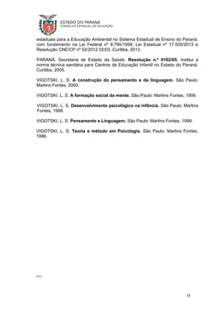 estaduais para a Educação Ambiental no Sistema Estadual de Ensino do Paraná,
com fundamento na Lei Federal nº 9.795/1999, Lei Estadual nº 17.505/2013 e
Resolução CNE/CP nº 02/2012 02/03. Curitiba, 2013.
PARANÁ. Secretaria de Estado da Saúde. Resolução n.º 0162/05. Institui a
norma técnica sanitária para Centros de Educação Infantil no Estado do Paraná.
Curitiba, 2005.
VIGOTSKI, L. S. A construção do pensamento e da linguagem. São Paulo:
Martins Fontes, 2000.
VIGOTSKI, L. S. A formação social da mente. São Paulo: Martins Fontes, 1999.
VIGOTSKI, L. S. Desenvolvimento psicológico na infância. São Paulo: Martins
Fontes, 1999.
VIGOTSKI, L. S. Pensamento e Linguagem. São Paulo: Martins Fontes, 1999.
VIGOTSKI, L. S. Teoria e método em Psicologia. São Paulo: Martins Fontes,
1996.
MA/14
33
 