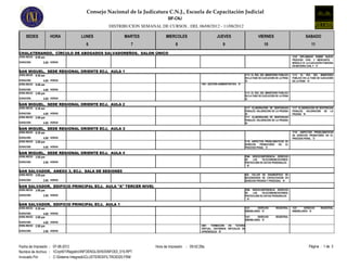 Consejo Nacional de la Judicatura C.N.J., Escuela de Capacitación Judicial
                                                                                SIF-CNJ
                                                     DISTRIBUCION SEMANAL DE CURSOS , DEL 06/08/2012 - 11/08/2012

     SEDES             HORA         LUNES                     MARTES           MIERCOLES                        JUEVES                          VIERNES                              SABADO
                                       6                          7                  8                              9                               10                                   11
CHALATENANGO, CÍRCULO DE ABOGADOS SALVADOREÑOS, SALON ÚNICO
HORA INICIO: 8:00 am                                                                                                                                                       1318 DIPLOMADO SOBRE NUEVO
                                                                                                                                                                           PROCESO CIVIL Y MERCANTIL -
DURACION:         5.00 HORAS                                                                                                                                               MÓDULO VI: LA EJECUCIÓN FORZOSA
                                                                                                                                                                           EN MATERIA CIVIL Y 'C'

SAN MIGUEL, SEDE REGIONAL ORIENTE ECJ, AULA 1
HORA INICIO: 8:30 am                                                                                                                  1113 EL ROL DEL MINISTERIO PÚBLICO   1113 EL ROL DEL MINISTERIO
                                                                                                                                      EN LA FASE DE EJECUCIÓN DE LA PENA   PÚBLICO EN LA FASE DE EJECUCIÓN
DURACION:          4.00 HORAS                                                                                                         'A'                                  DE LA PENA 'A'
HORA INICIO: 9:00 am                                                                                7941 GESTIÓN ADMINISTRATIVA 'A'

DURACION:          4.00 HORAS
HORA INICIO: 2:00 pm                                                                                                                  1113 EL ROL DEL MINISTERIO PÚBLICO
                                                                                                                                      EN LA FASE DE EJECUCIÓN DE LA PENA
DURACION:         4.00 HORAS                                                                                                          'A'

SAN MIGUEL, SEDE REGIONAL ORIENTE ECJ, AULA 2
HORA INICIO: 8:30 am                                                                                                                  1117 ELABORACIÓN DE SENTENCIAS       1117 ELABORACIÓN DE SENTENCIAS
                                                                                                                                      PENALES. VALORACIÓN DE LA PRUEBA     PENALES. VALORACIÓN DE LA
DURACION:          4.00 HORAS                                                                                                         'N'                                  PRUEBA 'N'
HORA INICIO: 2:00 pm                                                                                                                  1117 ELABORACIÓN DE SENTENCIAS
                                                                                                                                      PENALES. VALORACIÓN DE LA PRUEBA
DURACION:         4.00 HORAS                                                                                                          'N'

SAN MIGUEL, SEDE REGIONAL ORIENTE ECJ, AULA 3
HORA INICIO: 8:30 am                                                                                                                                                       1116 ASPECTOS PROBLEMÁTICOS
                                                                                                                                                                           DE DERECHO PROBATORIO EN EL
DURACION:          4.00 HORAS                                                                                                                                              PROCESO PENAL 'Z'
HORA INICIO: 2:00 pm                                                                                                                  1116 ASPECTOS PROBLEMÁTICOS DE
                                                                                                                                      DERECHO   PROBATORIO   EN   EL
DURACION:         4.00 HORAS                                                                                                          PROCESO PENAL 'Z'

SAN MIGUEL, SEDE REGIONAL ORIENTE ECJ, AULA 4
HORA INICIO: 3:00 pm                                                                                                                  7966 VIDEOCONFERENCIA: DERECHO
                                                                                                                                      DE   LAS    TELECOMUNICACIONES:
DURACION:         2.00 HORAS                                                                                                          PROTECCIÓN DE DATOS PERSONALES
                                                                                                                                       'B'

SAN SALVADOR, ANEXO 3, ECJ, SALA DE SESIONES
HORA INICIO: 2:00 pm                                                                                                                  428 TALLER DE DIAGNÓSTICO DE
                                                                                                                                      NECESIDADES DE CAPACITACIÓN EN
DURACION:         2.00 HORAS                                                                                                          DERECHO PRIVADO Y PROCESAL 'A'

SAN SALVADOR, EDIFICIO PRINCIPAL ECJ, AULA "A" TERCER NIVEL
HORA INICIO: 3:00 pm                                                                                                                  7966 VIDEOCONFERENCIA: DERECHO
                                                                                                                                      DE   LAS    TELECOMUNICACIONES:
DURACION:         2.00 HORAS                                                                                                          PROTECCIÓN DE DATOS PERSONALES
                                                                                                                                       'A'

SAN SALVADOR, EDIFICIO PRINCIPAL ECJ, AULA 1
HORA INICIO: 8:30 am                                                                                                                  1321      DERECHO       REGISTRAL    1321     DERECHO     REGISTRAL
                                                                                                                                      INMOBILIARIO 'A'                     INMOBILIARIO 'A'
DURACION:          4.00 HORAS
HORA INICIO: 2:00 pm                                                                                                                  1321      DERECHO       REGISTRAL
                                                                                                                                      INMOBILIARIO 'A'
DURACION:          4.00 HORAS
HORA INICIO: 2:00 pm                                                                                5001   FORMACIÓN  EN    TUTORÍA
                                                                                                    VIRTUAL: ENTORNOS VIRTUALES DE
DURACION:         2.00 HORAS                                                                        APRENDIZAJE 'B'




Fecha de Impresión : 07-08-2012                                          Hora de Impresión : 09:42:28a.m.                                                                              Página : 1 de 3
Nombre de Archivo : Cnjnt01RegistroINFOENGLISH03INFO03_015.RPT
Invocado Por       : C:Sistema IntegradoCLUSTER03FILTRO0320.FRM
 