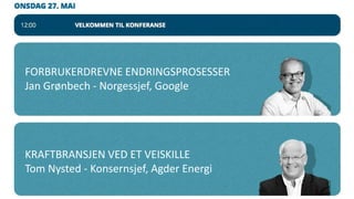 FORBRUKERDREVNE ENDRINGSPROSESSER
Jan Grønbech - Norgessjef, Google
KRAFTBRANSJEN VED ET VEISKILLE
Tom Nysted - Konsernsjef, Agder Energi
 