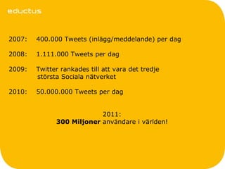 2007:   400.000 Tweets (inlägg/meddelande) per dag

2008:   1.111.000 Tweets per dag

2009:   Twitter rankades till att vara det tredje
        största Sociala nätverket

2010:   50.000.000 Tweets per dag


                           2011:
              300 Miljoner användare i världen!
 