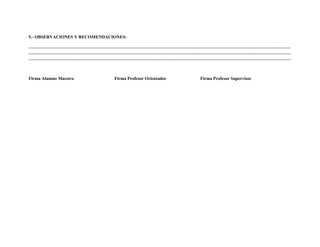 5.- OBSERVACIONES Y RECOMENDACIONES:

……………………………………………………………………………………………………………………………………………………………
……………………………………………………………………………………………………………………………………………………………
……………………………………………………………………………………………………………………………………………………………



Firma Alumno Maestro           Firma Profesor Orientador   Firma Profesor Supervisor
 