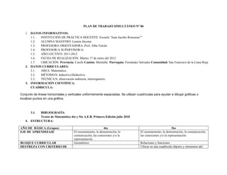 PLAN DE TRABAJO SIMULTÁNEO N° 86

   1. DATOS INFORMATIVOS:
      1.1. INSTITUCIÓN DE PRÁCTICA DOCENTE: Escuela “Juan Jacobo Rousseau””
      1.2. ALUMNA MAESTRO: Lennín Jácome
      1.3. PROFESORA ORIENTADORA: Prof. Alba Tulcán
      1.4. PROFESOR/A SUPERVISOR/A:
      1.5. AÑO LECTIVO: 2011-2012
      1.6. FECHA DE REALIZACIÓN: Martes 17 de enero del 2012
      1.7. UBICACIÓN: Provincia: Carchi Cantón: Montúfar Parroquia: Fernández Salvador Comunidad: San Francisco de la Línea Roja
   2. DATOS CURRICULARES:
      2.1. ÁREA: Matemática
      2.2. MÉTODO/S: Inductivo-Deductivo
      2.3. TÉCNICA/S: observación indirecta, interrogatorio.
   3. INFORMACIÓN CIENTÍFICA:
      CUADRICULA:

Conjunto de líneas horizontales y verticales uniformemente espaciadas. Se utilizan cuadrículas para ayudar a dibujar gráficas o
localizar puntos en una gráfica.



       3.1.BIBLIOGRAFÍA
           Textos de Matemática 4to y 5to A.E.B. Primera Edición julio 2010
   4. ESTRUCTURA:

AÑO DE BÁSICA (Grupos)                                      4to                                               5to
EJE DE APRENDIZAJE                    El razonamiento, la demostración, la           El razonamiento, la demostración, la comunicación,
                                      comunicación, las conexiones y/o la            las conexiones y/o la representación
                                      representación
BLOQUE CURRICULAR                     Geométrico                                     Relaciones y funciones
DESTREZA CON CRITERIO DE                                                             Ubicar en una cuadrícula objetos y elementos del
 