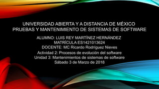 UNIVERSIDAD ABIERTA Y A DISTANCIA DE MÉXICO
PRUEBAS Y MANTENIMIENTO DE SISTEMAS DE SOFTWARE
ALUMNO: LUIS REY MARTÍNEZ HERNÁNDEZ
MATRÍCULA ES1421013624
DOCENTE: MC Ricardo Rodríguez Nieves
Actividad 2: Procesos de evolución del software
Unidad 3: Mantenimientos de sistemas de software
Sábado 3 de Marzo de 2018
 