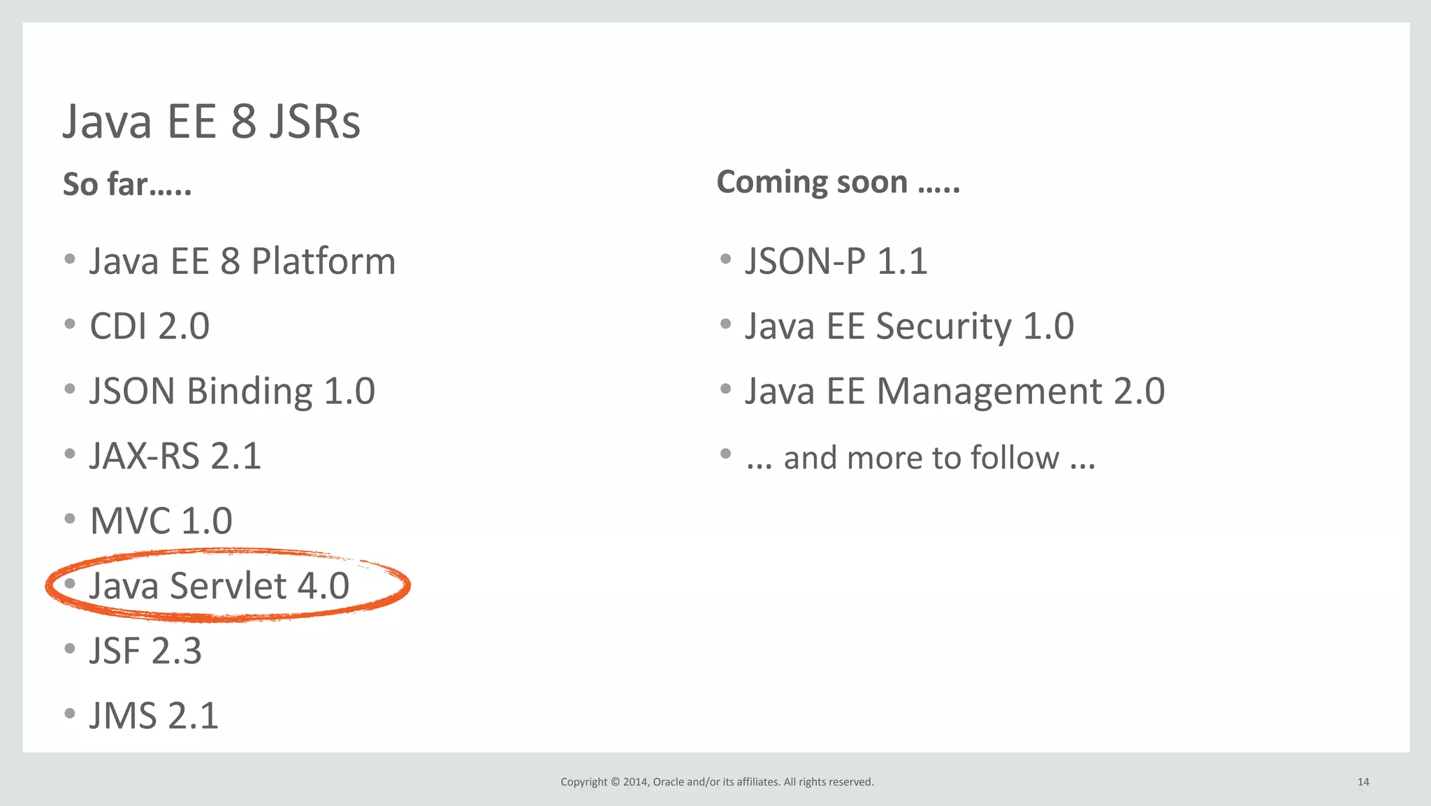Copyright 
© 
2014, 
Oracle 
and/or 
its 
affiliates. 
All 
rights 
reserved. 
Java 
EE 
8 
JSRs 
• Java 
EE 
8 
Platform 
• CDI 
2.0 
• JSON 
Binding 
1.0 
• JAX-­‐RS 
2.1 
• MVC 
1.0 
• Java 
Servlet 
4.0 
• JSF 
2.3 
• JMS 
2.1 
• JSON-­‐P 
1.1 
• Java 
EE 
Security 
1.0 
• Java 
EE 
Management 
2.0 
• … 
and 
more 
to 
follow 
… 
So 
far….. Coming 
soon 
….. 
14 
 