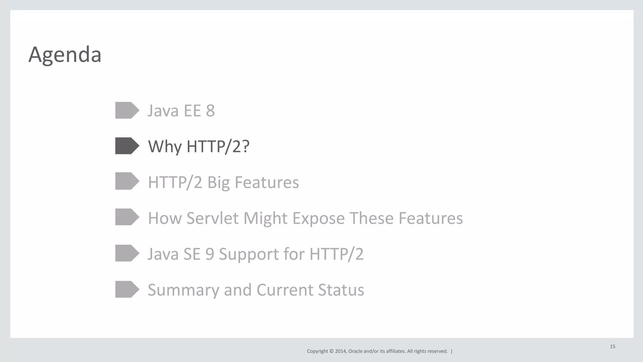 Copyright 
© 
2014, 
Oracle 
and/or 
its 
affiliates. 
All 
rights 
reserved. 
| 
Agenda 
Java 
EE 
8 
Why 
HTTP/2? 
HTTP/2 
Big 
Features 
How 
Servlet 
Might 
Expose 
These 
Features 
Java 
SE 
9 
Support 
for 
HTTP/2 
Summary 
and 
Current 
Status 
15 
 