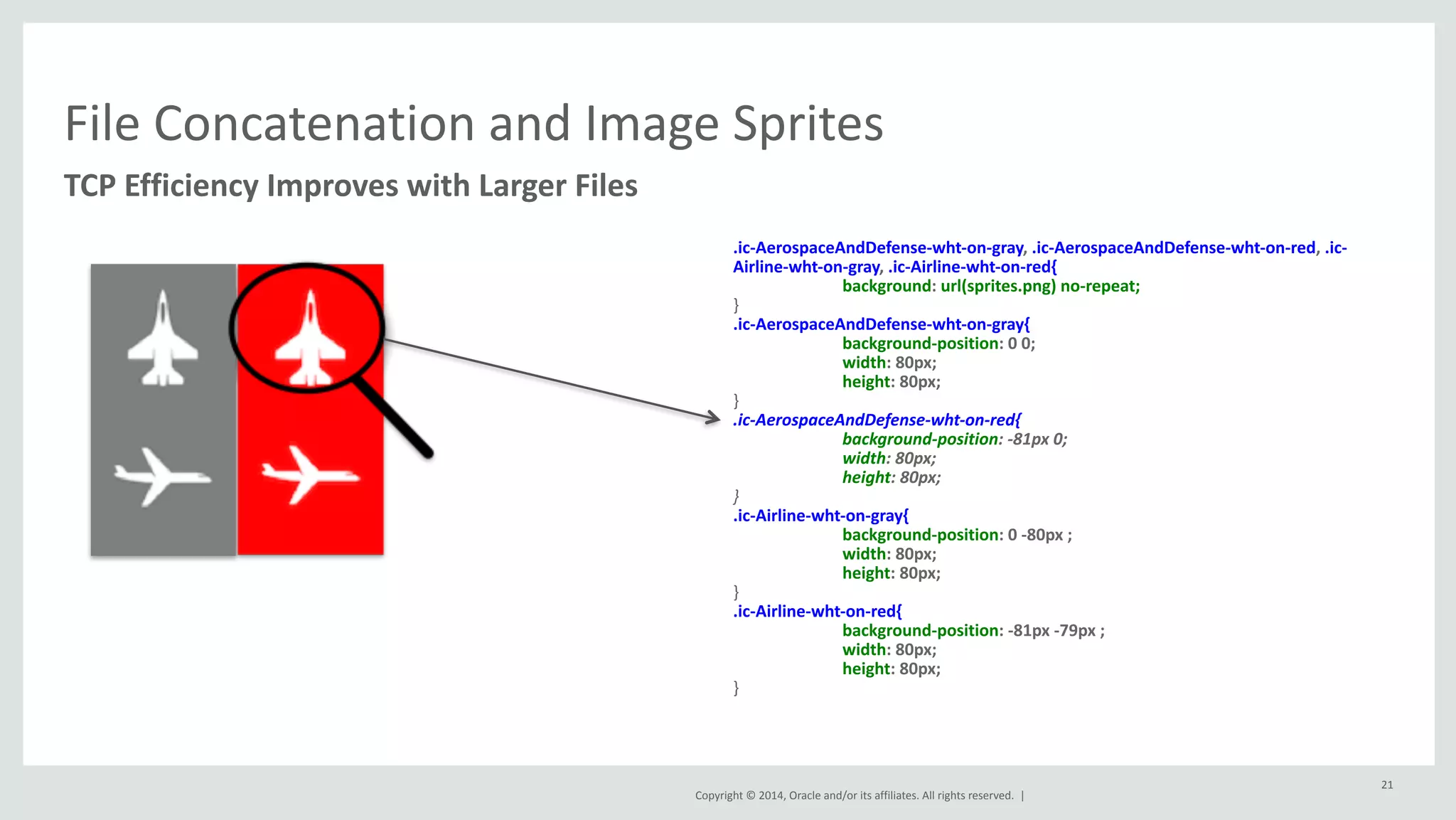 File 
Concatenation 
and 
Image 
Sprites 
TCP 
Efficiency 
Improves 
with 
Larger 
Files 
Copyright 
© 
2014, 
Oracle 
and/or 
its 
affiliates. 
All 
rights 
reserved. 
| 
21 
.ic-­‐AerospaceAndDefense-­‐wht-­‐on-­‐gray, 
.ic-­‐AerospaceAndDefense-­‐wht-­‐on-­‐red, 
.ic-­‐ 
Airline-­‐wht-­‐on-­‐gray, 
.ic-­‐Airline-­‐wht-­‐on-­‐red{ 
background: 
url(sprites.png) 
no-­‐repeat; 
} 
.ic-­‐AerospaceAndDefense-­‐wht-­‐on-­‐gray{ 
background-­‐position: 
0 
0; 
width: 
80px; 
height: 
80px; 
} 
.ic-­‐AerospaceAndDefense-­‐wht-­‐on-­‐red{ 
background-­‐position: 
-­‐81px 
0; 
width: 
80px; 
height: 
80px; 
} 
.ic-­‐Airline-­‐wht-­‐on-­‐gray{ 
background-­‐position: 
0 
-­‐80px 
; 
width: 
80px; 
height: 
80px; 
} 
.ic-­‐Airline-­‐wht-­‐on-­‐red{ 
background-­‐position: 
-­‐81px 
-­‐79px 
; 
width: 
80px; 
height: 
80px; 
} 
 