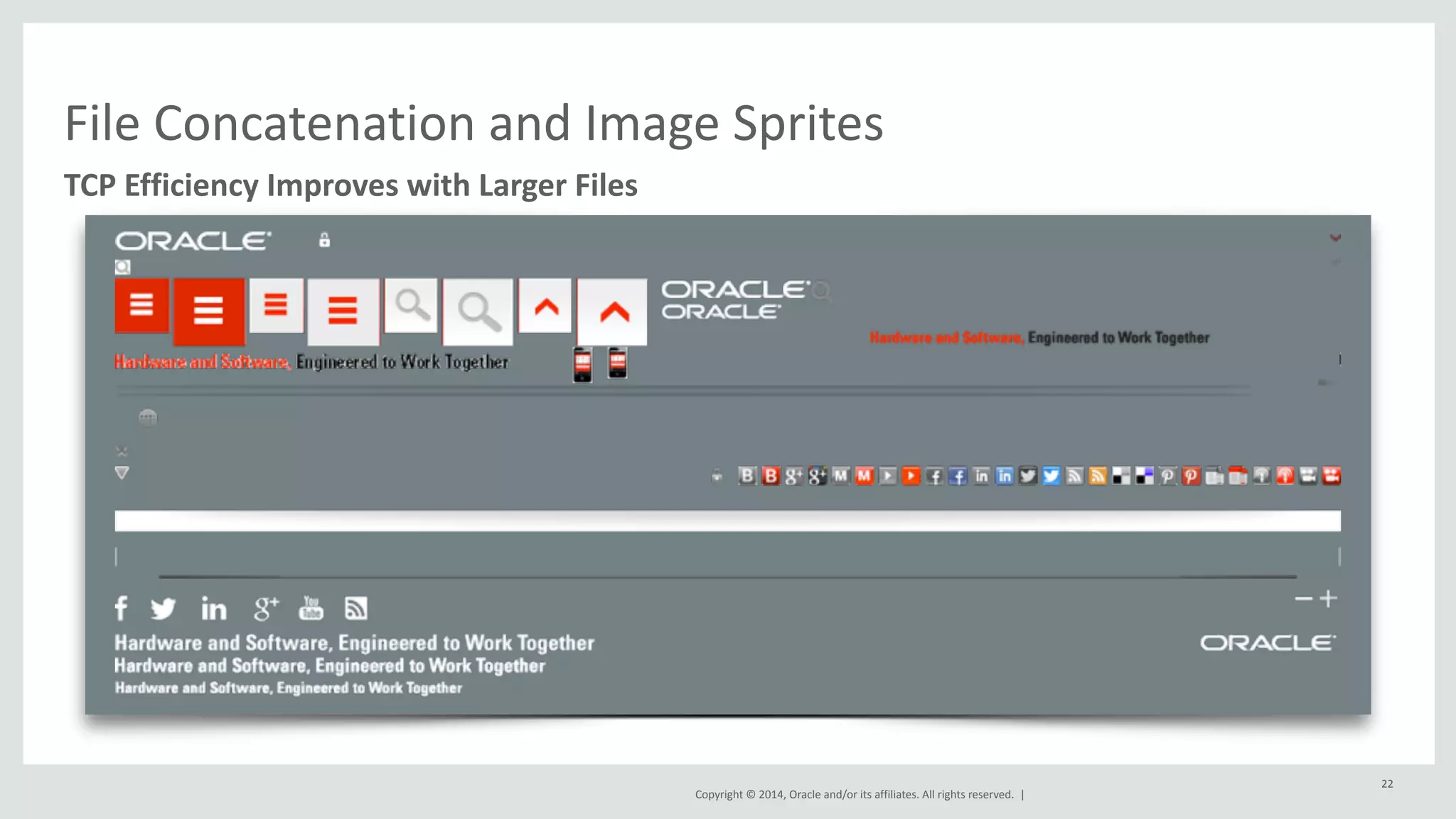 File 
Concatenation 
and 
Image 
Sprites 
TCP 
Efficiency 
Improves 
with 
Larger 
Files 
Copyright 
© 
2014, 
Oracle 
and/or 
its 
affiliates. 
All 
rights 
reserved. 
| 
22 
 