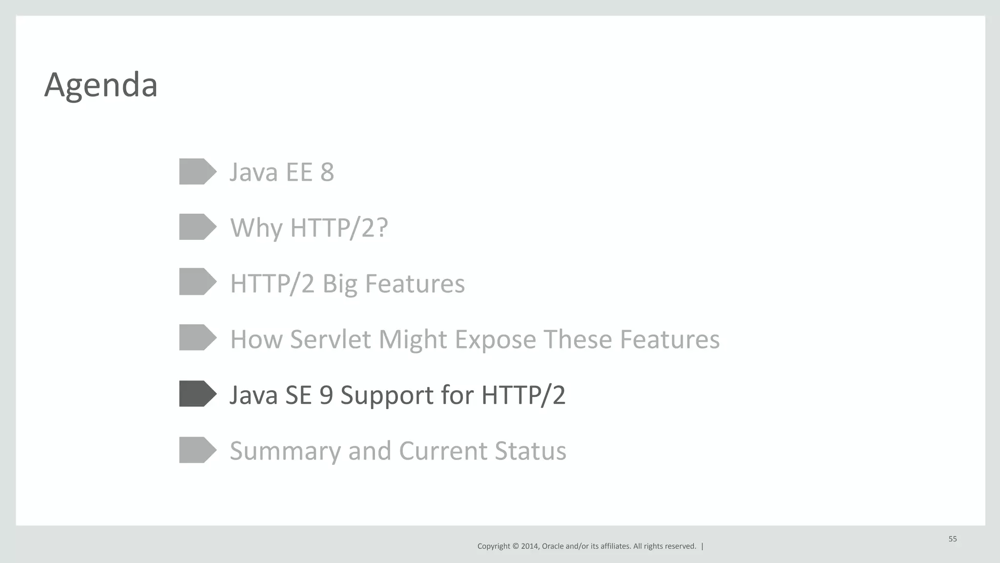 Copyright 
© 
2014, 
Oracle 
and/or 
its 
affiliates. 
All 
rights 
reserved. 
| 
Agenda 
Java 
EE 
8 
Why 
HTTP/2? 
HTTP/2 
Big 
Features 
How 
Servlet 
Might 
Expose 
These 
Features 
Java 
SE 
9 
Support 
for 
HTTP/2 
Summary 
and 
Current 
Status 
55 
 