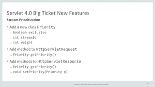 Servlet 
4.0 
Big 
Ticket 
New 
Features 
Copyright 
© 
2014, 
Oracle 
and/or 
its 
affiliates. 
All 
rights 
reserved. 
| 
• Add 
a 
new 
class 
Priority 
– boolean 
exclusive 
– int 
streamId 
– int 
weight 
• Add 
method 
to 
HttpServletRequest 
– Priority 
getPriority() 
• Add 
methods 
to 
HttpServletResponse 
– Priority 
getPriority() 
– void 
setPriority(Priority 
p) 
47 
Stream 
Prioritization 
 